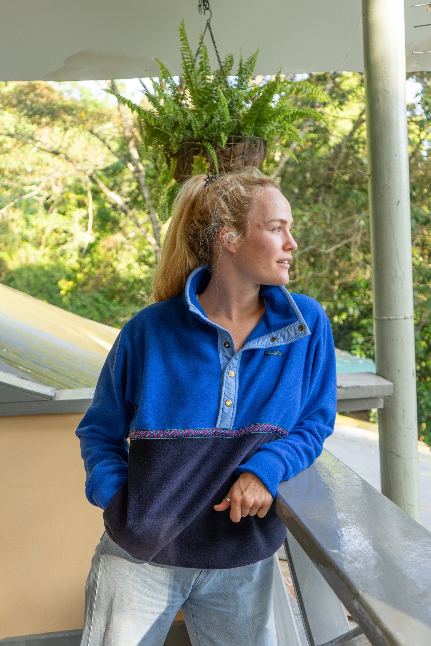 Retro fleece with ethnic trim. Sustainably made fleece. Navy fleece