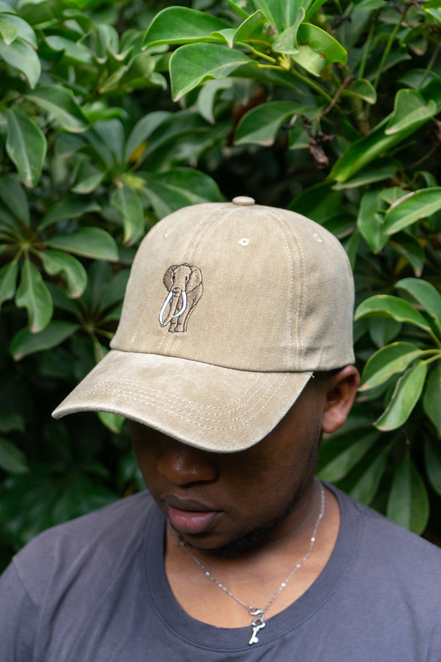 Beige vintage Ben’s Originals cap with embroidered Craig the Elephant on the front, inspired by Amboseli, Kenya.