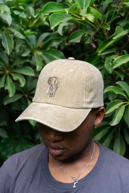 Beige vintage Ben’s Originals cap with embroidered Craig the Elephant on the front, inspired by Amboseli, Kenya.