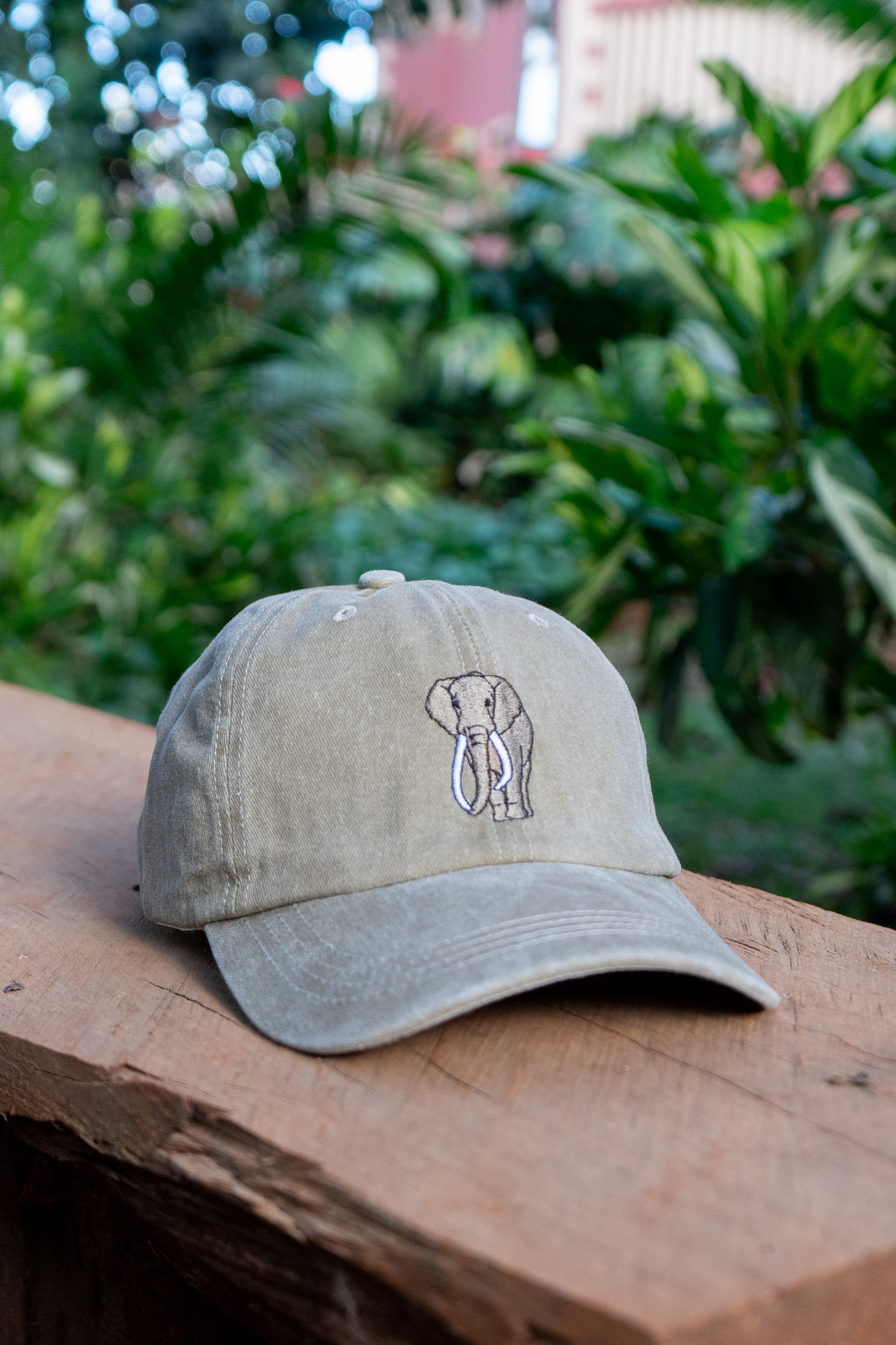 Close-up of Craig the Elephant embroidery on beige vintage Ben’s Originals cap.
Side view of beige vintage Craig of Amboseli embroidered cap by Ben’s Originals.