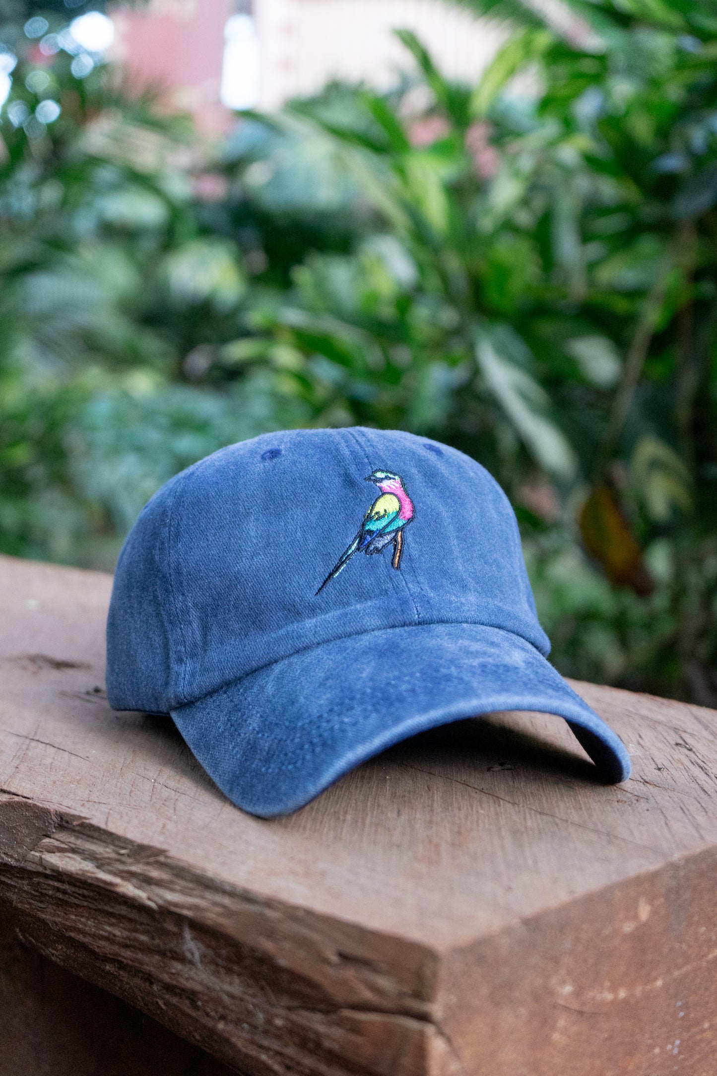 Close-up of lilac-breasted roller embroidery on Ben’s Originals vintage cap.
Side view of Lilac-Breasted Roller embroidered vintage cap by Ben’s Originals.