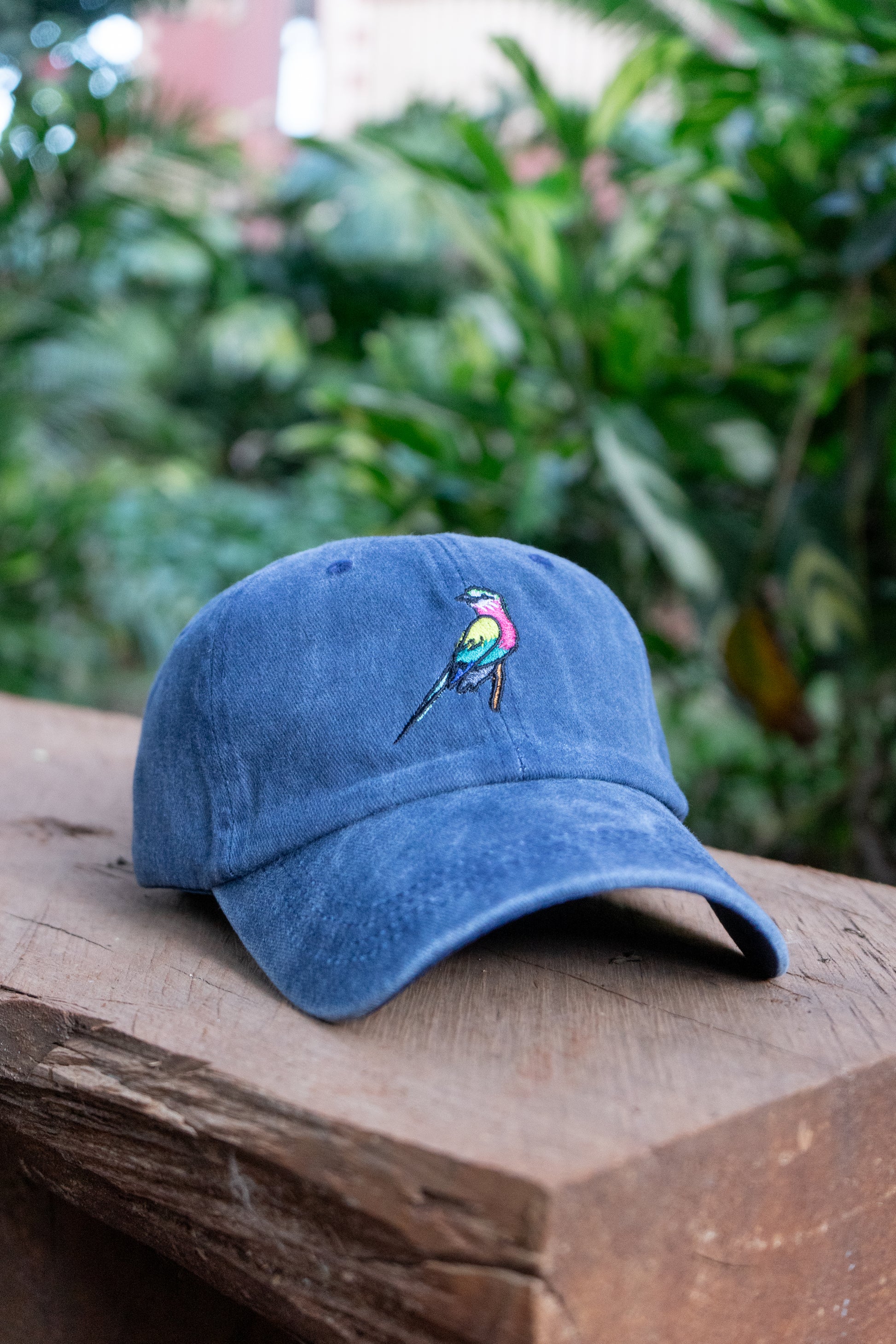 Close-up of lilac-breasted roller embroidery on Ben’s Originals vintage cap.
Side view of Lilac-Breasted Roller embroidered vintage cap by Ben’s Originals.